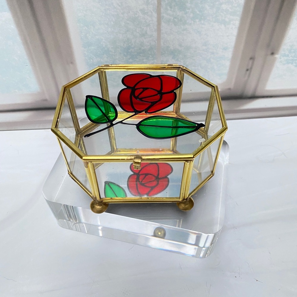 Vtg Powell Rose Glass Octagon Curio Box IOB Mirror Bottom Trinket Jewelry Holder